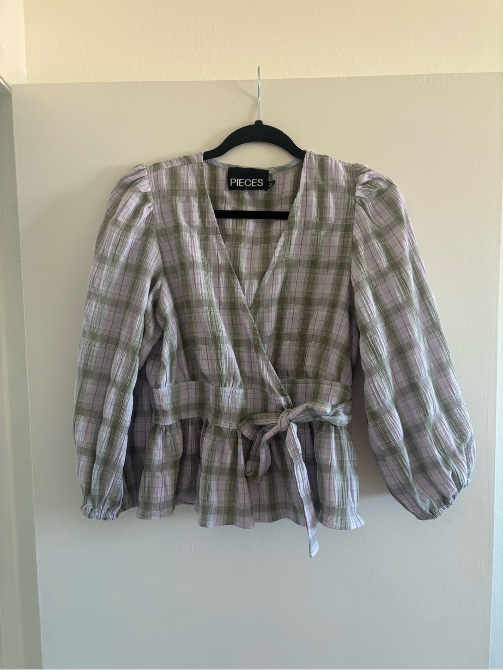 Pieces Lavender and Sage Plaid Wrap Top